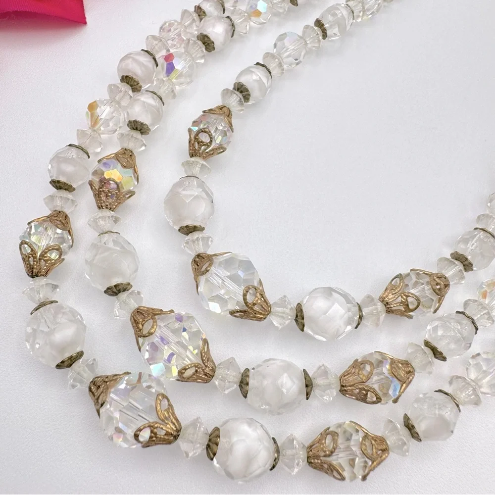 Vintage Givre Glass AB Crystal Bead Triple Strand Necklace Filigree Romantic - Picture 3 of 15